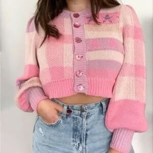 LoveShackFancy Pink and Cream Checkered Cardigan SZ Small